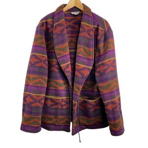 Stephanie Queller Aztec Tribal Southwestern Jacket L Multicolor Fleece Leather